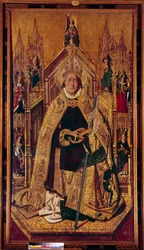 Silos Szent Dominika (1000-1073) a trónon Dominika navarrai pásztor volt. Bencés szerzetes lett a kasztíliai Silosban. Cardenas Bermejo festménye fára (1435/40-1500) 15. század Dim. 242 x 130 cm Madrid, Prado Múzeum - Saint Dominique of