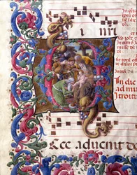 Liberale da Verona (1445-1529) decoree lettrine, amely a Sienai katedrálisból származó kórustól (Cod. 24/9. c.67v) ábrázolja a Mágusok imádatát. 15. századi székesegyház (Duomo), Siena, Olaszország