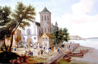 Tengerparti táj, figurákkal egy templomtéren