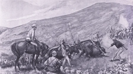 Szállítási nehézségek Barbertonnál: Hogyan kerültek fel a fegyverek és a kocsik a hegyekre, illusztráció az After Pretoria: The Guerilla War, 1902-ből