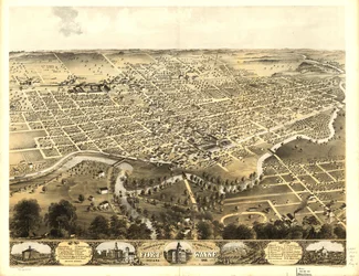 Az indianai Fort Wayne városának madártávlati képe 1868. LOC 73693381