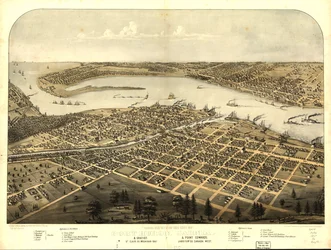 Port Huron városának, Sarnia  Gratiot, St. Clair Co., Michigan 1867 és Point Edwards, Lambton Co., Kanada nyugati része madártávlatból. LOC 73693443
