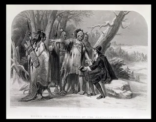 Roger Williams, a Narragansetts menedékhelye, 1636, „The History of the United States”, 1. kötet. Én, Charles Mackay, metszett James Charles Armytage (kb. 1820-97)