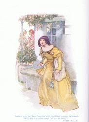 Beatrice, aki lélegzet-visszafojtott érdeklődéssel hallgatta, felkiáltott: "Milyen tűz van a fülemben, igaz lehet ez?" (Sok zsivaj a semmiért), a Tales from Shakespeare pubból. a Ward Lock & Co Ltd