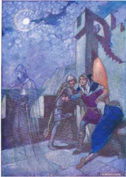 "A belőlük kitört Hamlet követte, amerre a szellem vezetett", a Tales from Shakespeare kocsmából. Ward Lock & Co Ltd, 1930-40-es évek