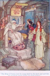 A francia király kézen fogta a fiatal szobalányt, és azt mondta, hogy ő legyen a királyné és a szép Franciaország (Lear király), a Tales from Shakespeare kocsmából. a Ward Lock & Co Ltd