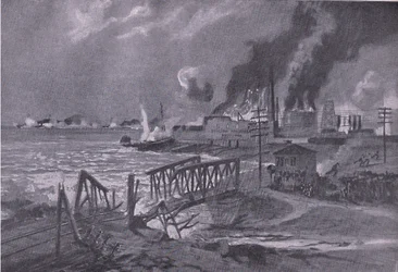 Egy hajógyár megsemmisítése Bariban (Olaszország) osztrák-magyar torpedórombolók által, a The Illustrated History of the World War 1914-1915 pubból. az Union Berlagsefellfchaft