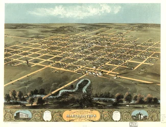 Marshalltown városának madártávlati képe, Marshall Co., Iowa 1868. LOC 73693402