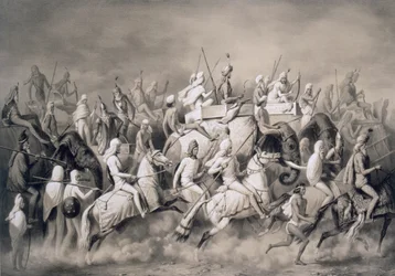Chir Singh, a szikhek maharadzsája és a pandzsábi király kíséretével Lahore közelében vadászik, 1859