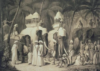 A travandrumi rádzsa elefántjai, a „Voyage in India” című művéből, Louis Henri de Rudder (1807-81) metszetében