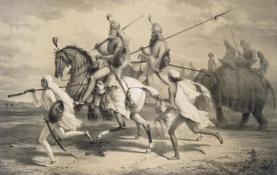 Vadászatra induló szikh törzsfőnökök, a „Voyages in India” kocsmából. Smith, Elder und Co., 1858