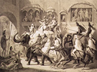 Egy utca Lahore-ban, az indiai Voyage-ból, Louis Henri de Rudder (1807-81) metszetében, 1842 (színezett litho)