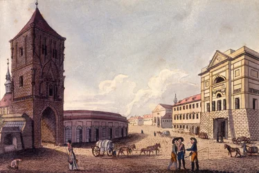 Puskaporos torony és Hybern vámház, Prága, 1810 körül (színes metszet)