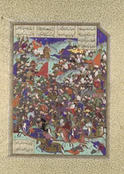 Kai Khusrau legyőzi Makran hadseregét, Folio 376v a Shahnama Book of...-ból, kb. 1525-30.