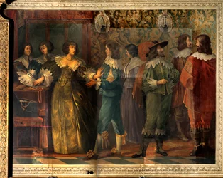 Charles de Valois (1573-1650), Angouleme hercege életének jelenete - Charles de Valois második feleségével 1644-ben kötött házassága alkalmából készült bulijelenet - Egy nő, akihez egy udvarhölgy közelít, megfogja, hogy elhelyezze. gallér - Abrah freskója