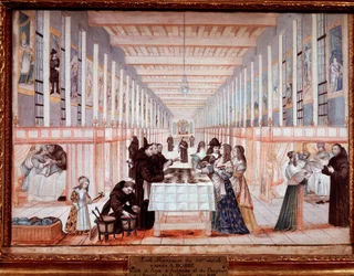 Ausztriai Anna látogatása a Szeretetnővérek Kórházában. A delfinnel (később IV. Lajos) (guache, 1640 körül)