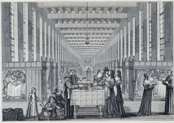 A párizsi Hôital de la Charite (a Freres-de-Saint-Jean-de-Dieu kórházának is nevezik) gyengélkedőjének belső képe - Abraham Bosse (1602-1676) metszet - megjelent a „” 17. század - Intézmények: szokások és viseletek, Franciaország 1590-1
