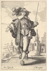 Előre lépő úr, kinyújtott jobb karral, bal kezében ostorral..., 1629.