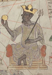 Részlet a Katalán atlaszból, 6. lap, a trónon ülő Mansa Musával, 1375