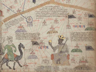 Részlet a Katalán Atlasz 6. lapjáról, amely a Nyugat-Szaharát és a Mansa Musát mutatja, 1375