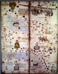 Térképezés: Cathay (Catai), a közép-ázsiai és európai mongol Kína ókori nevének térképe. Látható rajta: Delhi (India), az Aral-tó, a Volga, a Kaszpi-tenger, a Kaukázus, az Eufrátesz, az Arab-félsziget és Dehli (India) városai (t-vel)