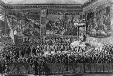 A francia forradalom első része: Az igazságszolgáltatás ágya Versailles-ban 1787. augusztus 6-án XVI. Lajos francia király (1754-1793) által. Rajz és metszet: Abraham Girardet. Párizs, a Forradalomtörténeti Intézet könyvtára