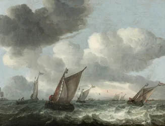 Fishing boats off the coast in a choppy sea (oil on panel)