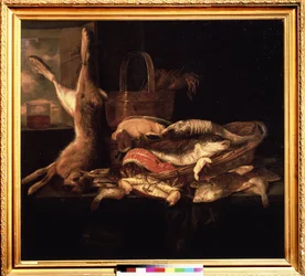 "Csendélet halakkal és egy döglött nyúllal" Abraham Hendricksz van Beyeren (1620/21-1690) festménye (ec. holl.) 17. századi Puskin Múzeum, Moszkva