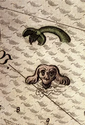 A tengeri szörnynek kutyafeje és halteste van. Részlet egy térképről a Theatrum Orbis Terrarumban, Abraham Ortelius, Antwerpen 1584.