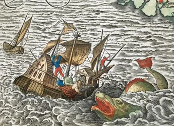 Egy tengeri szörny által megtámadott hajó a Typus orbis terrarum című műből, Abraham Orteliustól
