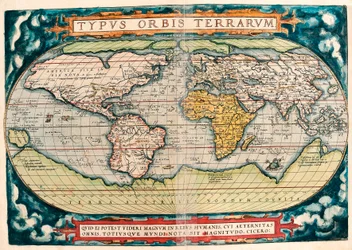 Földtérkép (világtérkép), földrajzi térkép Abraham Ortelius (1527-1598) „Theatrum Orbis Terrarum” című művéből