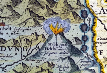 A Hekla vulkán Izlandon. Abraham Ortelius atlasza, Amszterdam, 1588.