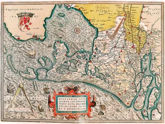 Hollandia antiquorum catthorum sedis nova descriptio, auctore Jacobo a daventria Földrajzi térkép Hollandia területén Amszterdam és Haarlem városaival... átvette Abraham Ortelius (Oertel, Ortell vagy Orte) "Theatrum Orbis Terrarum"-jából