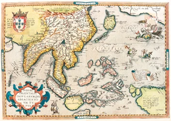 A Kelet-indiai Társaság. Kelet-India és délkelet-ázsiai terület földrajzi térképe Abraham Ortelius (Oertel, Ortell vagy Ortel) Theatrum Orbis Terrarumból