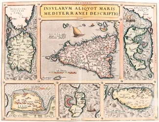 A Földközi-tenger számos szigetének leírása. Szicília, Szardínia, Korfu, Málta, Djerba és Elba Földközi-tenger szigeteinek földrajzi térképe (Szicília, Sardegna, Colfu, Málta Djerba, Elba) Abraham Ortelius (Oertel, Ortell) "Theatrum Orbis Terrarum"-ból