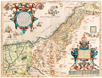 Palesztina vagy Palesztina területének teljes Ígéret Földrajzi térképe Abraham Ortelius (Oertel, Ortell vagy Ortel) Theatrum Orbis Terrarumból