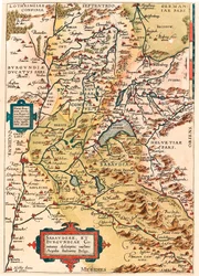 Savoya és Burgundia leírása Burgundia és Savoya (Pontarlier, Dijon, Lac Leman és Svájc) földrajzi térképe Abraham Ortelius (Oertel, Ortell vagy Ortel) "Theatrum Orbis Terrarum"-jából