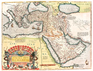 Az Oszmán Birodalom területének Török Birodalom földrajzi térképének leírása Abraham Ortelius "Theatrum of the World"-ből (Oertel, Ortell vagy Ortel)