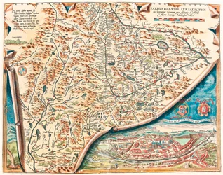 Salzburg városának eredeti leírása Salsburg területének földrajzi térképe Ausztriában, Abraham Ortelius (Oertel, Ortell vagy Ortel) "Theatrum Orbis Terrarum"-jából