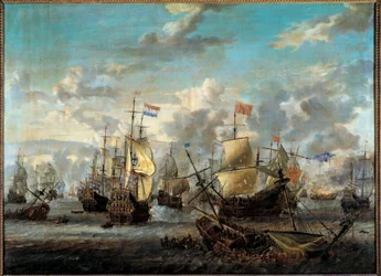 Második angol-holland háború: "" A négy nap csatája 1666. 06. 11-től 14-ig"" Szembeállította a holland flottákat az angolokkal. Abraham Storck (1635-1710) festménye (ec.hol.) 17. századi Párizs, Musee de la Marine