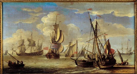 Hajók és csónakok a tengeren Abraham Storck (1635-1710) festménye (ec.holl.) 17. század V. 0,22x0,41 m. .