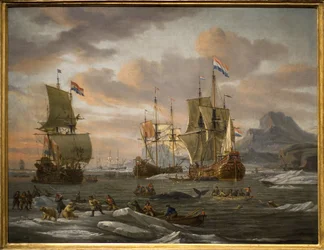 Bálna- és jegesmedvék halászata a Spitzberg-szigeten (Jes-tenger) a holland flotta hajóival. Abraham Storck (vagy Sturckenbuch) festménye