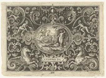 Cartouche: Perseus kiszabadítja Andromédát Ovális kartuszok Perseus életének jeleneteivel groteszkek keretein belül (sorozat címe) Androméda (cím az objektumon)