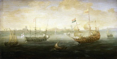 Egy holland és egy brit hajó, Stuart-zászlóval, egy kikötő előtt, a horizonton látható, különböző kis hajókkal körülvéve.