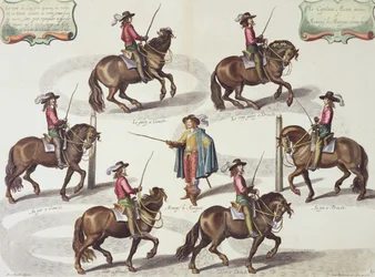 Newcastle márki lovaglóleckét ad Mazin kapitánynak, 15. tábla A lovak öltöztetésének módszere és új találmányából, William Cavendish (1592-1676) Newcastle márki, vésette Lucas Vo