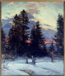 Naplemente a téli tájon. Abram Arkhipov festménye (1862 - 1930) Ec. Rus.