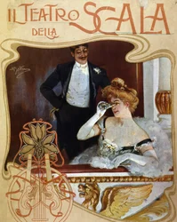 Néhány hely a Teatro alla Scala öltözőjében. A fiatal nő egy távcsővel figyeli a jelenetet. Illusztráció: Achille Beltrame.