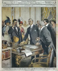 Woodrow Wilson amerikai elnök távíró útján elindítja a robbantást, amely 6000 kilométerre tőle lerombolta a Panama-csatorna utolsó akadályát, a La Domenica del Corriere című lapból