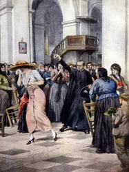 Példa a vallási moralizmusra: egy fiatal nőt egy pap és a könnyű ruházata miatt botrányos hívek kergetnek ki a templomból. Ill. of A. Beltrame. "La Domenica del Corriere"