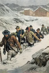 BELTRAME, Akhilleusz (1871-1945). Olasz munkások átkelnek a Szent Bernát-hágón Aosta és Svájc között. A „La Domenica del Corriere” borítója”. 1904.02.14. Litográfia.